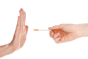 Hand up refusing another hand offering a cigarette